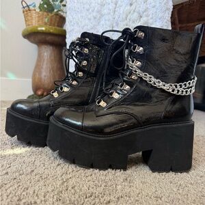 Black Platform  Lace-Up Boots with Chain Detail